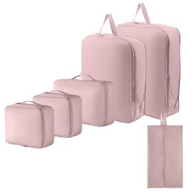 Doppelia 6 Piece Compression Packing Cube Set, Essential Lightweight Expandable Travel Organizer Kit with Shoe Bag for Carry on and Suitcases (Pink)