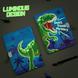 WERNNSAI Kids Diary for Boys Dinosaur Journal - Kids Luminous Journal Travel Diary, School A5 Lined Memos Writing Drawing Notepad with Lock and Keys, Dinosaur Notebook Birthday Christmas Gift