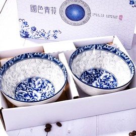 BOSILI Chinese Blue and White Bowls and Chopsticks set Ceramic Rice Bowls for Soup Snack (2 Pieces)