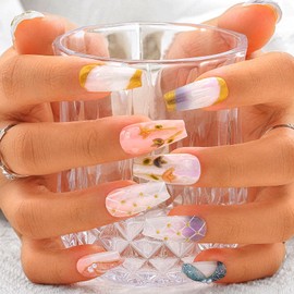 Sethexy Long Coffin Handmade Fake Nails Hand-painted Glitter Salon False Nail with Design Arcylic Gold Line Glossy Press On Nails for Women and Girls 10PCS (L)