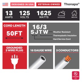 Thonapa 50 ft White Extension Cord 3 Prong for Indoor & Outdoor, 13 Amp White Outdoor Extension Cord 50 Foot, 16 AWG Electrical Cable SJTW for Landscaping, Lawn, Lamp, Home & Office - US Veteran Owned