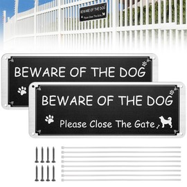 Beware of The Dog Sign, 2 Pack Beware of Dog Signs, 25 x 9cm Please Close The Gate Sign, Aluminium Metal Dog Warning Sign with Zip Ties & Screws for Outdoor Door Wall Fence