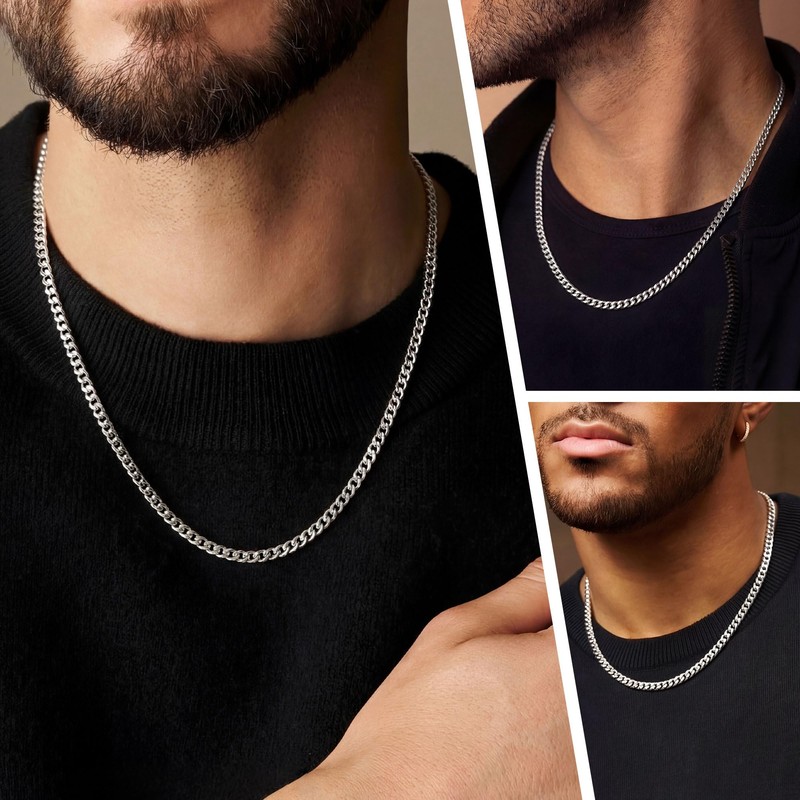 RANKEEF Mens Silver Chain 3mm Cuban Link Chain for Men