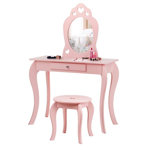 COSTWAY Children's Dressing Table with Mirror, Includes Makeup Table and Stool, Removable Top, Contemporary, 70 x 34 x 105 cm (Pink)
