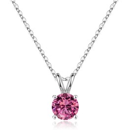 October Birthstone Necklace for Women, 1ct Solitaire Round Cut Sparkle Pink Corundum Gemstone Necklace 18K White Gold Plated 925 Sterling Silver October Birthstone Jewelry for Women Mom Birthday Gifts