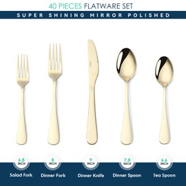 VIVANI Emilian 40pcs Champagne Silverware Set for 8, Stainless Steel Gold Flatware Set, Utensils Cutlery Set, Mirror Polished & Dishwasher Safe