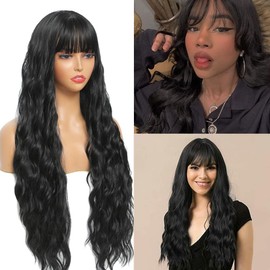Sylhair Long Curly Wavy Wig with Bangs 30 inch Synthetic Black Wavy Wigs for Women Natural Looking Full Heat Resistant Fiber Wigs for Daily Use (1B)