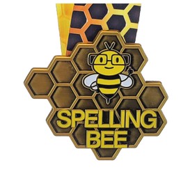 Decade Awards Honeycomb Spelling Bee Medal - Gold 1st Place Spelling B Medallion with Honeycomb Neckband, 3.25 Inch Wide Custom Engraved Academic Medal - Customize Now (Gold)