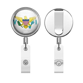 Virgin Islands Map Glossy World Flag Lable Round ID Badge Key Card Tag Holder Badge Retractable Reel Badge Holder with Belt Clip