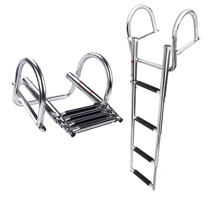 Hoffen 4 Step Pontoon Boat Ladder, Stainless Steel Telescoping Folding