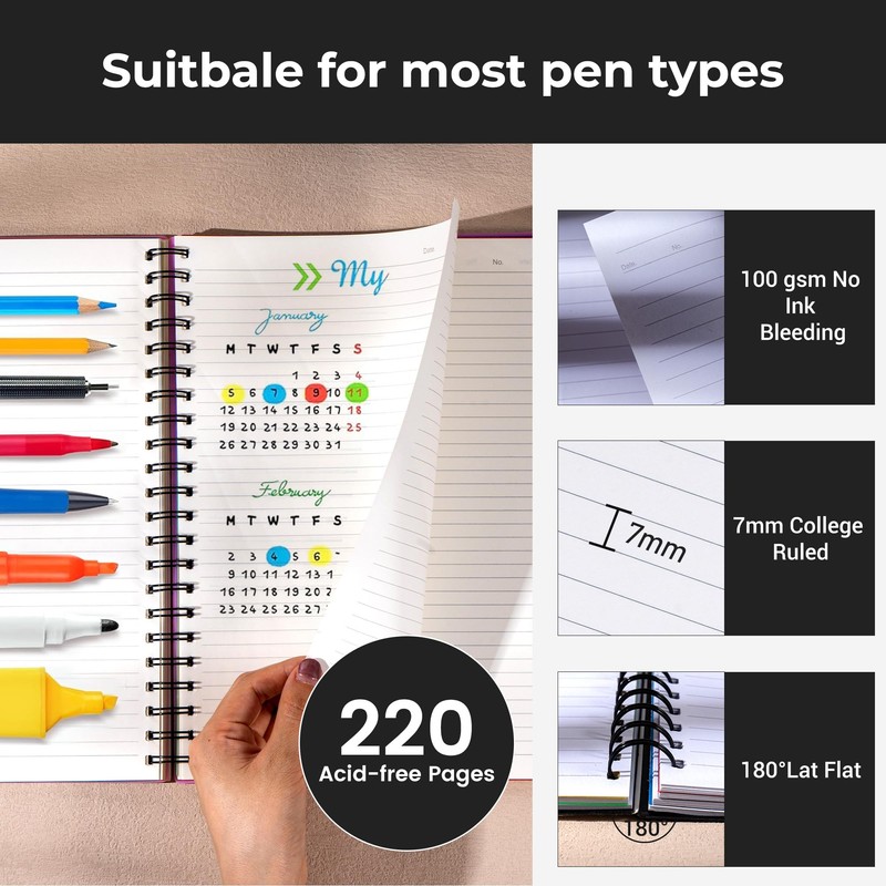 CAGIE 5 Subject Notebook with Dividers 220 Pages Spiral Notebooks
