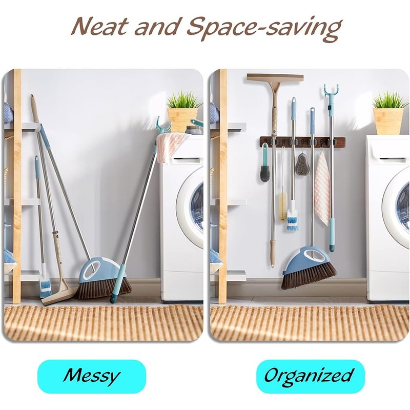 Mop Broom Holder Wall Mount, Wood Broom Mop Hanger, Wall