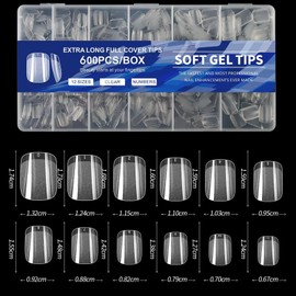 Short Square Nail Tips, 600pcs Soft Nail Gel Tips Pre-Shaped Acrylic Fake Nails, Half Matte Full Cover Clear Jelly Press on False Nail Tips for Extension Nail Manicure Home DIY 12 Sizes for Women