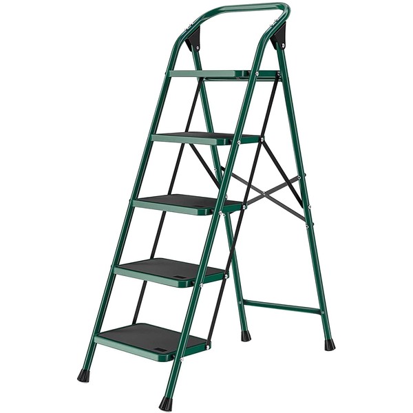 5 Step Ladder, Folding Step Stool for Adults with Handle & 16" Wide Anti-Slip Pedal, 500lbs Capacity Ergonomic Sturdy Steel Ladder, Portable Steel Step Stool for Household, Kitchen, Office (Green)…