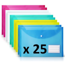 DocFeedz Plastic Wallets A4 - Pack of 25 Waterproof Plastic Folders for Documents 33.2 x 23.4 cm - 5 Assorted Colours Popper Wallet A4 with Snap Button and Label for Home, Office, School and Travel