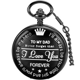 Tiong Dad Gift from Daughter to Father Engraved Pocket Watch -Father's Day Birthday Gift Men's Quartz Pocket Watch with Chain(Black)