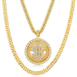 Gold Necklace Chain with Dollar Sign, Hip Hop Dollar Necklace, 18K Gold Plated Hip Hop Chain Necklace Pendant for Men, 32 inch (Rotatable Dollar Sign)