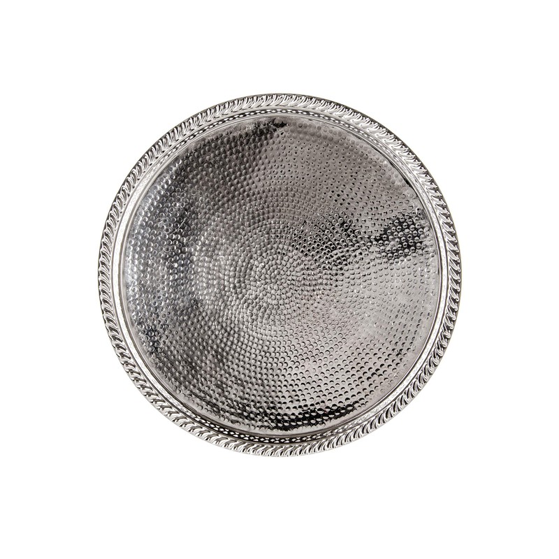 Oriental Round Brass Tray Silver-Plated Mahra, Moroccan Tea Tray in