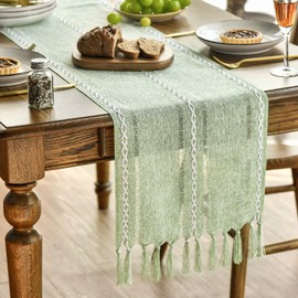 Artoid Mode Boho Sage Green Country House Style Tassels Table Runner, Washable Table Decoration Party Birthday Valentine's Day Wedding Decor 33 x 143 cm