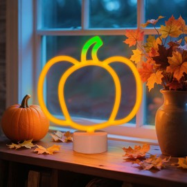 InnovTools 1 Pieces Pumpkin Neon Sign with Base Fall Lights Decor Cute Pumpkin Neon Lights for Fall Thanksgiving Table Centerpiece Decor Battery Operated Autumn Yellow LED Sign for Home Kitchen