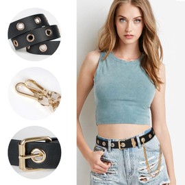 FIORETTO Black Belt Women Studded Belt Chain Belts for Women Fashion Grommet Leather Belt with Detachable Chain Punk Waist Belts(With Gold Chain)
