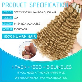 Blonde Human Braiding Hair for Boho Braids 20 Inch 6 Bundles Human Hair Braiding Hair Deep Wave Bulk Human Hair for Braiding No Weft Curly Human Hair Brading Hair Extensions 150g 27#