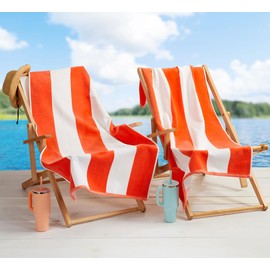 Loon & Lake Sand Resistant Beach Towels Set of 2 | Waffle Weave Reverse to Plush Velour Block Stripe | 2 Pack 30" x 60" | Crafted from 100% Combed Cotton | Wolfeboro Collection - Coral