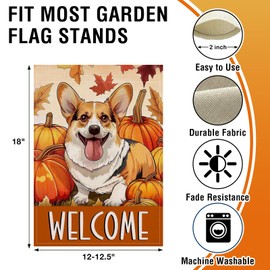 Artofy Welcome Fall Corgi Dog Small Decorative Garden Flag, Autumn Thanksgiving Pumpkin Yard Lawn Outside Decor Pet Owner Lover Gift, Maple Leaves Burlap Outdoor Home Decoration Double Sided 12 x 18