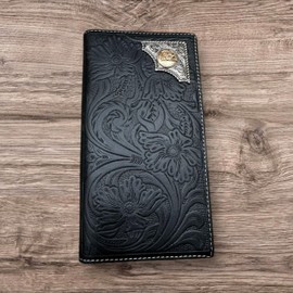 Western Stakes Men’s Long Leather Wallet – Gold Cowboy Praying at Cross Concho with Floral Tooled Design – Western Faith Wallet for Ranchers, Cowboys & Gift Ideas