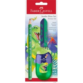 FABER-CASTELL 111529 Dino Writing Set with Jumbo Pencil, Sharpener and Eraser, School Set for Children
