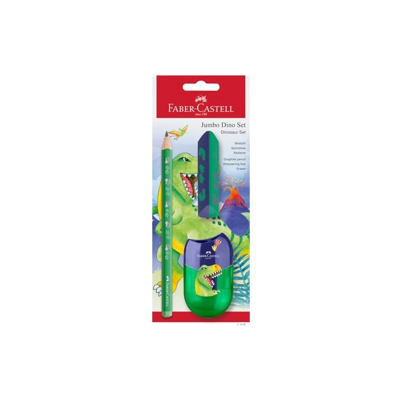 FABER-CASTELL 111529 Dino Writing Set with Jumbo Pencil, Sharpener and