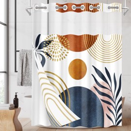 Nesphy No Hook Boho Mid Century Shower Curtain with Snap in Fabric Liner, Abstract Leaves Sun Arch Double Layers Waterproof Fabric with See Through Top Window Open Grommet Bath Curtain 71x74 Inch