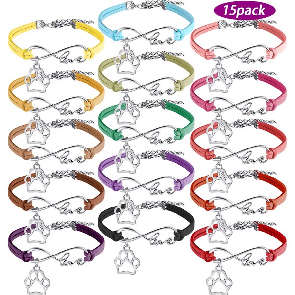 15 Pack Paw Bracelets for Kids Adult Adjustable Charm Bangle Bracelets Puppy Dog Cat Animal Themed Party Favors (Multicolor)