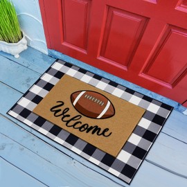 WinnerWhy 2 Pcs Football Front Porch Rug Buffalo Plaid Football Door Mat Imitation Coco Coir Football Welcome Layering Rug for Outdoor(Black and White 1,28 x 43 Inch,Football)