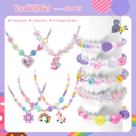 Faburo 10pcs Kids Jewelry for Girls -5 Necklaces, 5 Bracelets, Little Girls Jewelry Kids Mermaid Necklace for girls, Toddler Jewelrys Necklace Birthday Christmas Gift Age 3 4 6 8