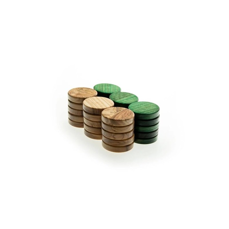 Luxury Manopoulos Olive Wood 36mm Backgammon Checkers - Green and