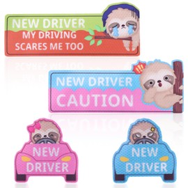 BOXOB 4pcs New Driver Car Magnets, Cute Cartoon Sloth Driver Safety Attention Sticker Reusable Drivers Safety Signs for Metal Vehicle Surface