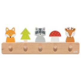 goki 60662 Wooden Coat Rack with 5 Hooks, Cute Forest Motifs Fox, Raccoon, Deer, Hook Rack for Children's Room, Promotes Order and Independence, from 1 Year