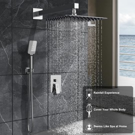 JQBQS Rain Shower System 10IN Modern Brass Faucet Set With Valve and Diverter Shower Mixer With Handheld High Pressure Square Rainfall Shower Valve (10'' Wall Mount, Chrome Polished)