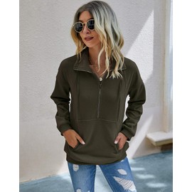 PRETTYGARDEN Women’s Casual Long Sleeve Lapel Zipper Sweatshirt Drawstring Loose Pullover Tops Army Green