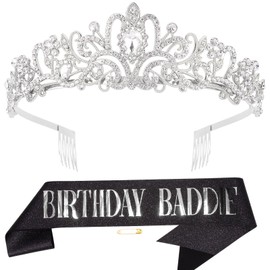 Birthday Crown and Sash for Women, Hapdoo BIRTHDAY BADDIE Decorations Set - Rhinestone Tiara Set and Sash for Women Girls, Headband Hair Accessories for Wedding Party, Silver