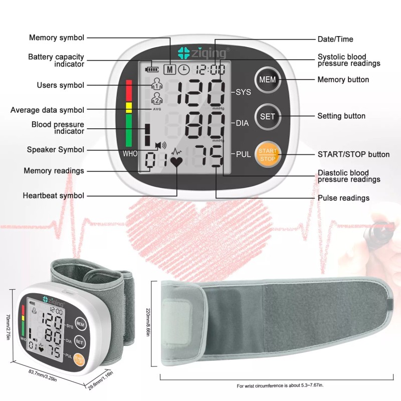 Ziqing Wrist Blood Pressure Monitor Auto Digital BP Machine Cuff