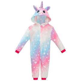 KAKU NANU Unicorn Onesie for Girls 2-10 Years, Plush Costume Fleece Pyjamas Jumpsuit with Zip 2 Pockets, lightblue