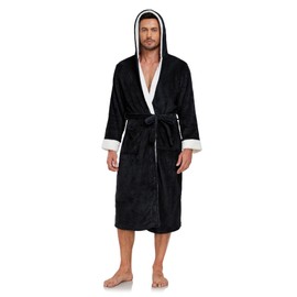 RONGTAI Mens Hooded Fleece Bathrobe Soft Plush Long Robe for Men with Belt & 2 Pockets (2XL, Black)