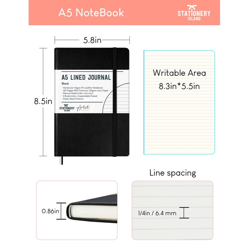STATIONERY ISLAND A5 Lined Notebook, Journal Lined Hardcover with 120gsm