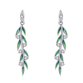 KZX Olive Branch Leaf Earrings Sterling Silver Cubic Zirconia Olive Branch Leaf Drop Earrings Jewelry for Women, One size, Sterling Silver, Created Cubic Zirconia