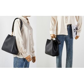 DORIS&JACKY Leather Bucket Tote Bag For Women Medium Hobo Shoulder Purse And Handbags (6- With Organizer Insert Version Black)