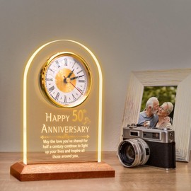 OkiyiD 50th Anniversary Wedding Gift, Anniversary Quartz Clock, Desk Table Clock, 50 Years of Marriage, Golden Wedding for Couple, Parents, Grandparents (Wooden Base with LED Light)