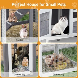 GarveeLife 48" Wooden Rabbit Hutch for Small Animals, 2 Lockable Doors Animal Enclosure with Weather-Resistant Small House & Open Courtyard, Outdoor Bunny House with Wire Fence and Cleaning Tray