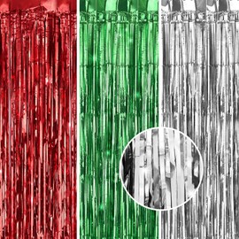 Kesote Pack of 3 Tinsel Curtains Metal Tinsel Red Green Silver 1m x 2m for Decoration Christmas Party Birthday Wedding